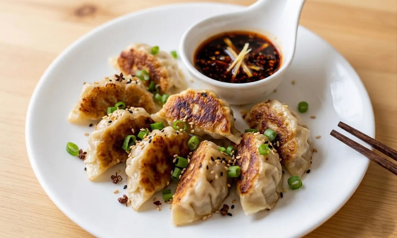 Pan-fried pork dumplings (potstickers) at Emerald Garden Chinese restaurant Calgary